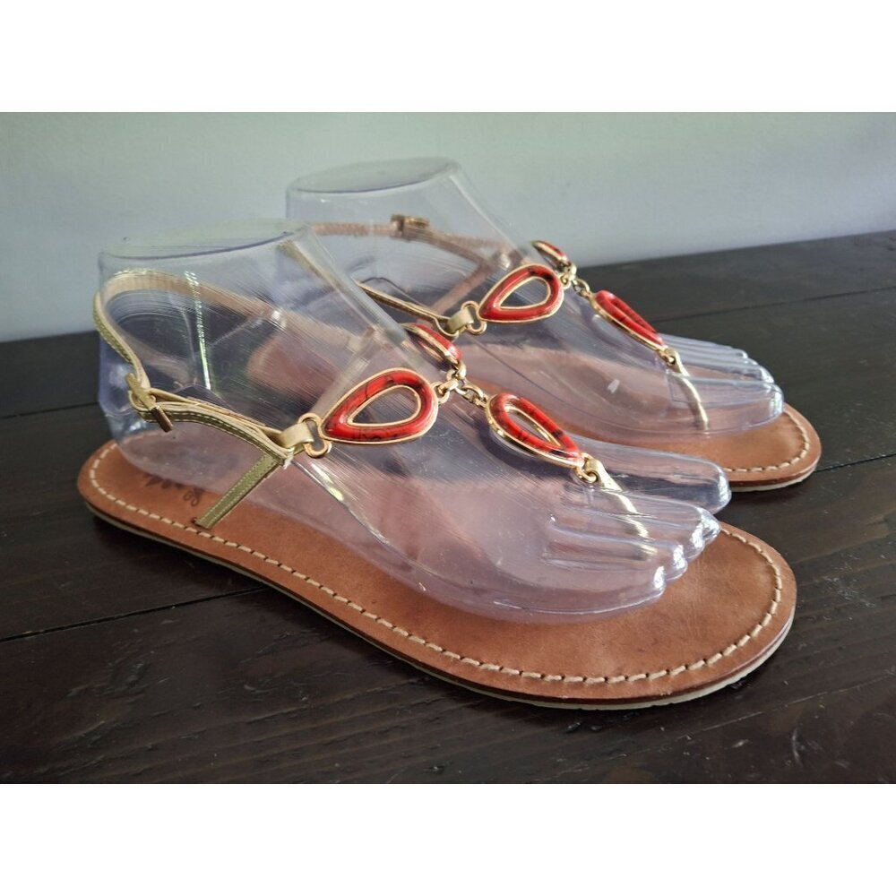 EUC Yellow Box Leather Sandals with Gold Straps and Red Teardrop Embellishments/